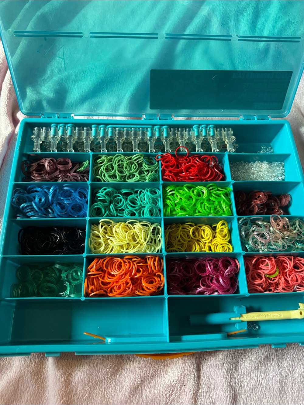 Multi-Compartment Turquoise Craft Storage Case with Colored Bands- Rainbow Loom